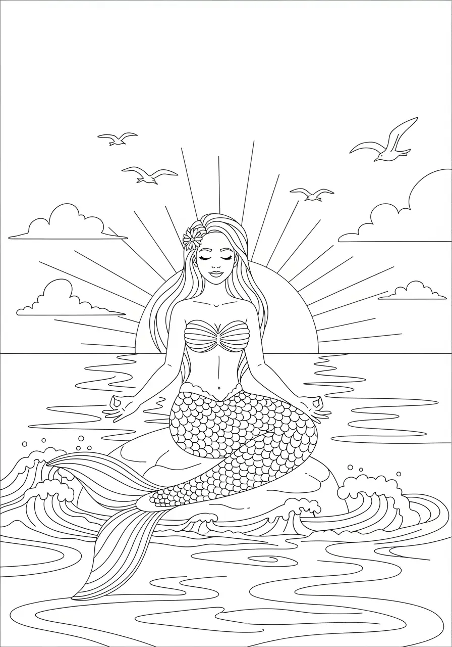 Sunset Meditation Mermaid Coloring Page