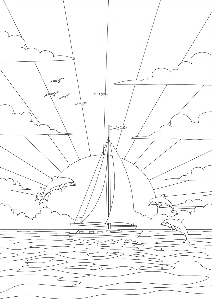 Sunset Sailing Ocean Coloring Page