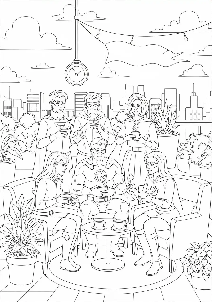 Superhero Team Gathering Coloring Page