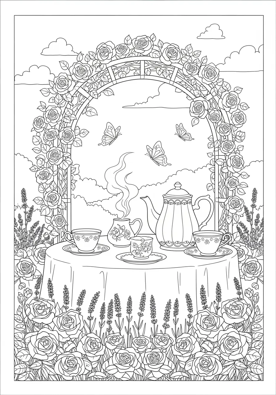Tea Garden Calming Coloring Page
