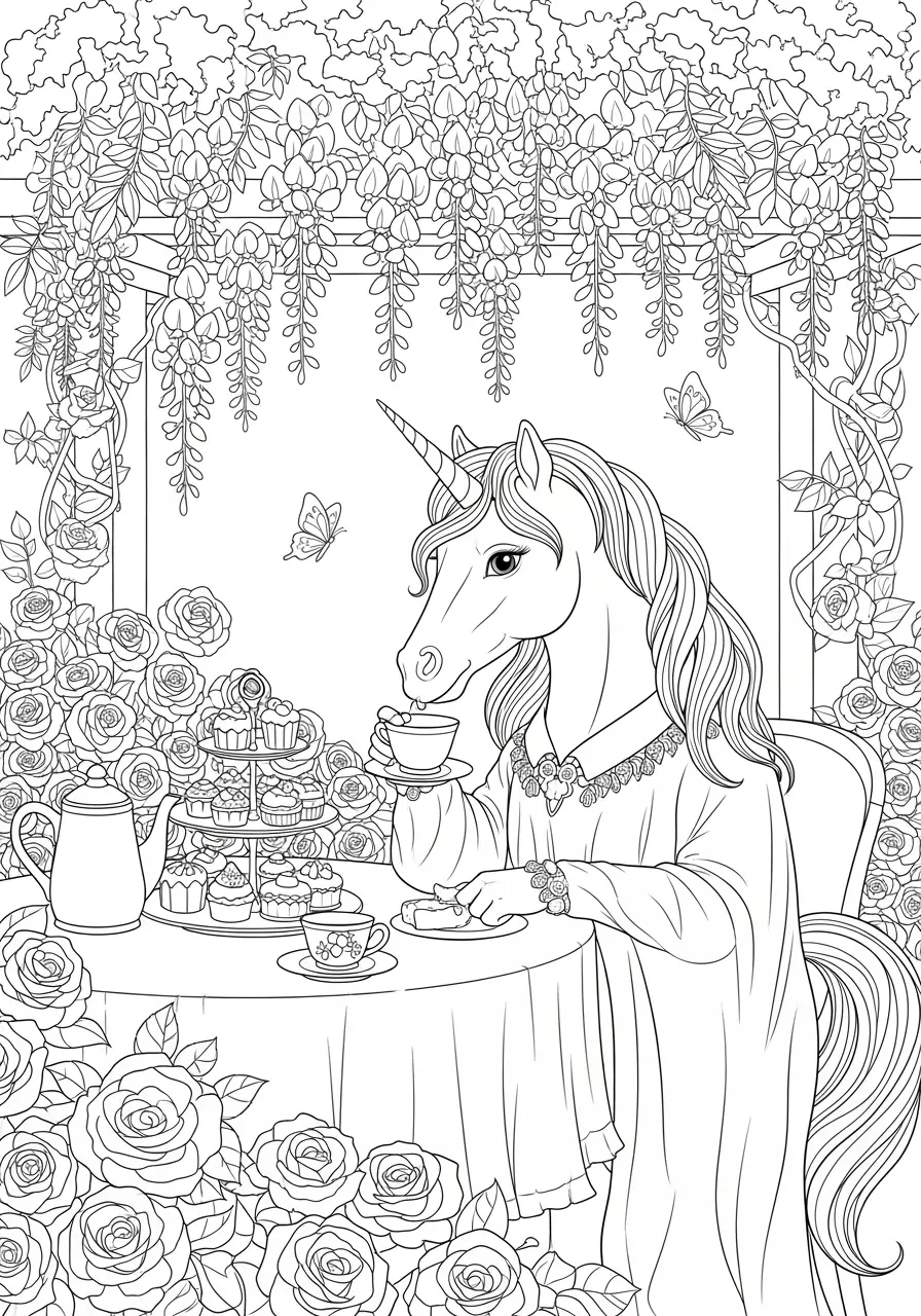 Tea Garden Unicorn Coloring Page