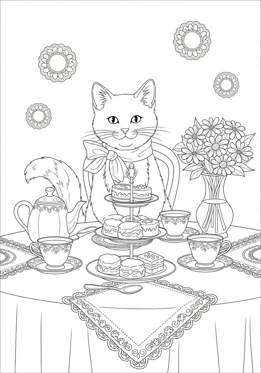 Tea Time Cat Coloring Page For Adults