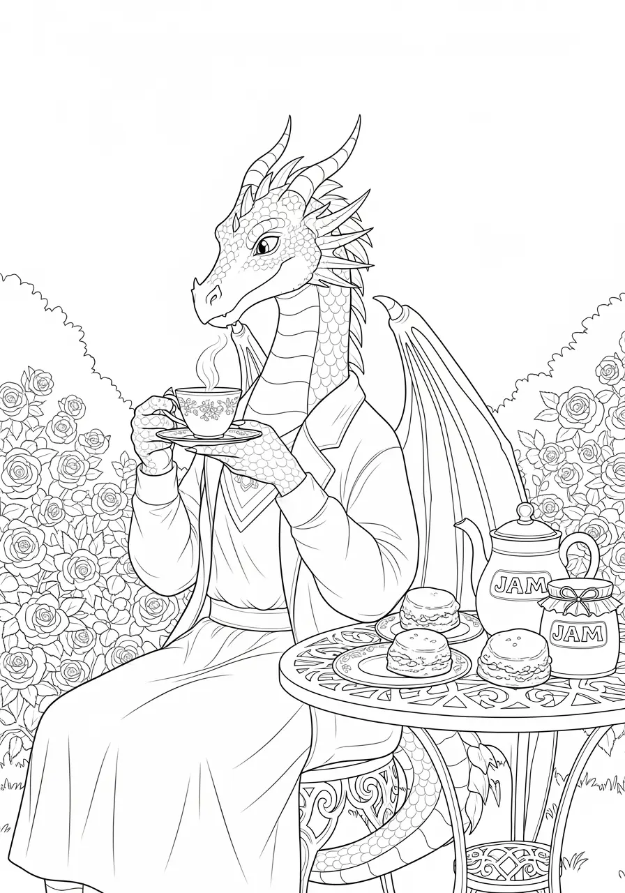 Tea Time Dragon Coloring Page