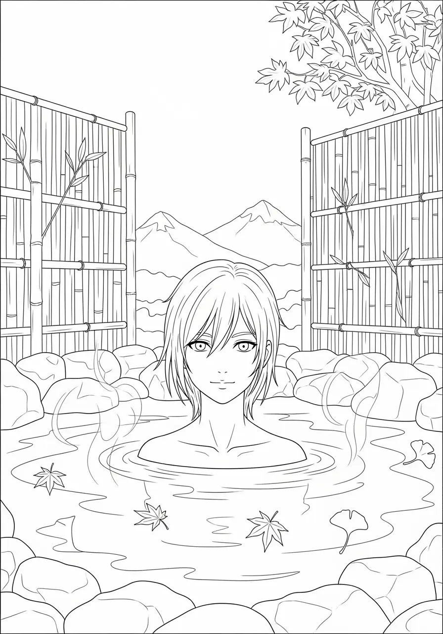 Traditional Onsen Anime Coloring Page