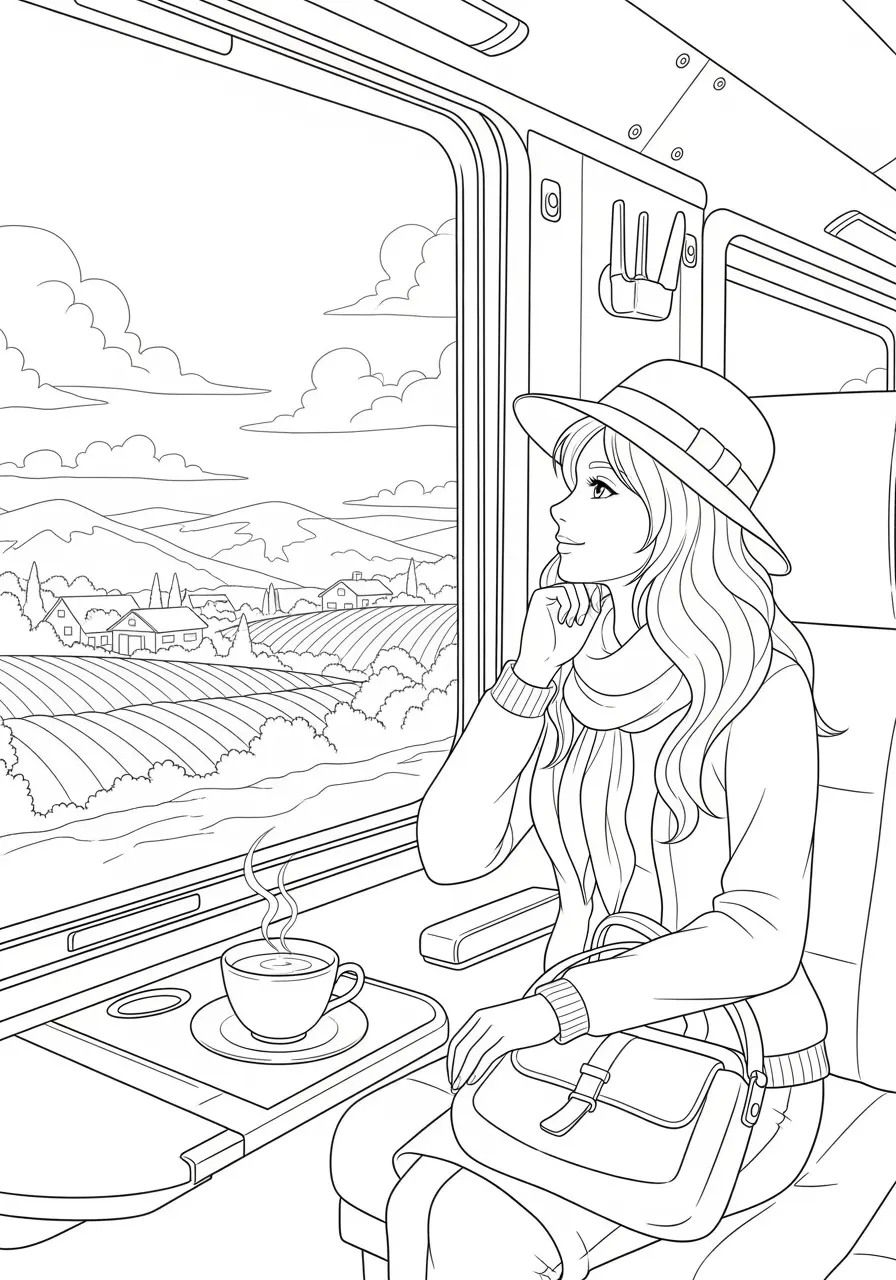 Train Journey Window Anime Coloring Page