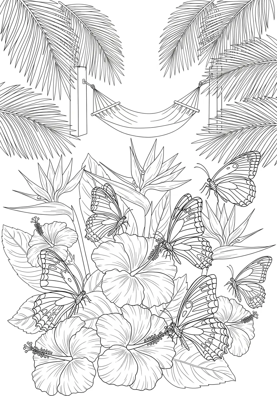 Tropical Butterfly Paradise Coloring Page