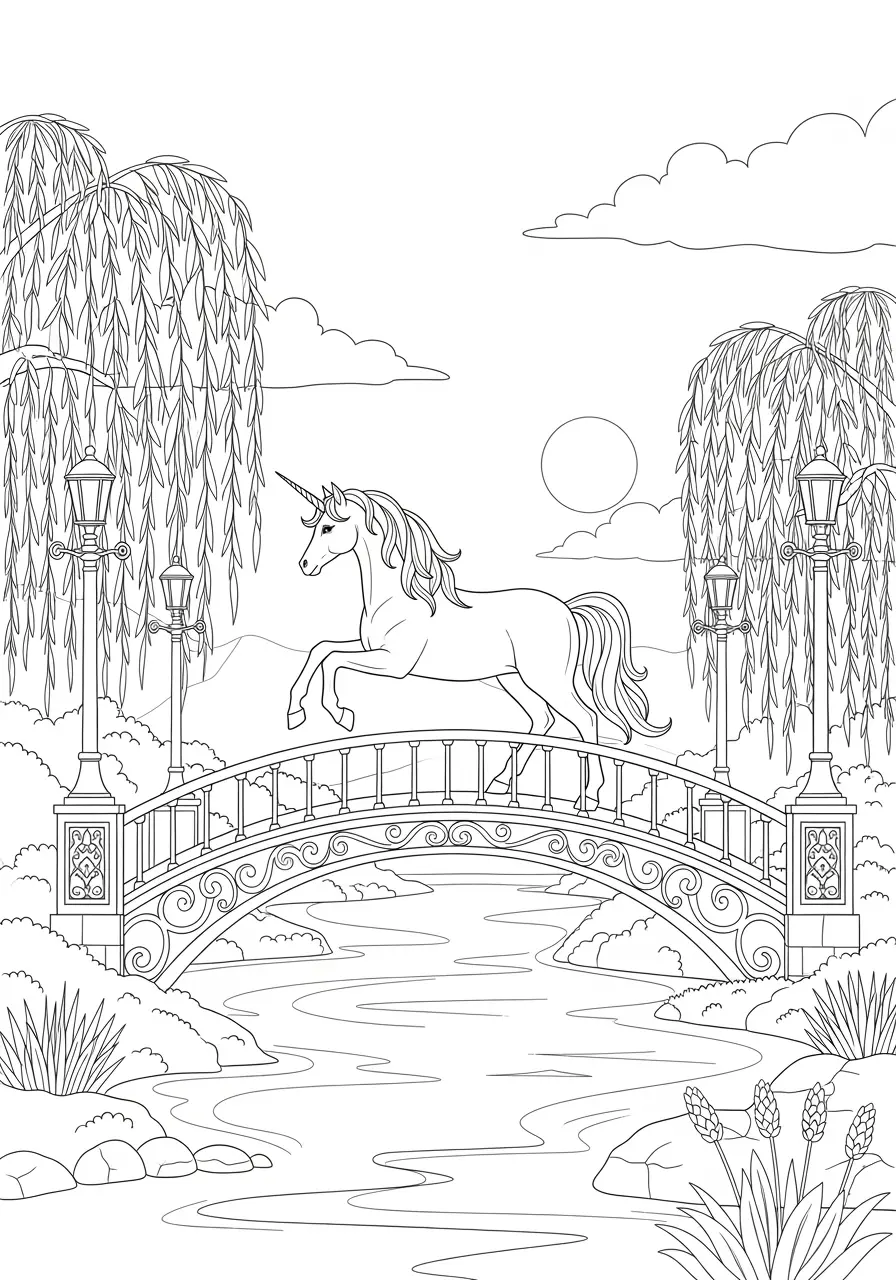 Twilight Bridge Unicorn Coloring Page