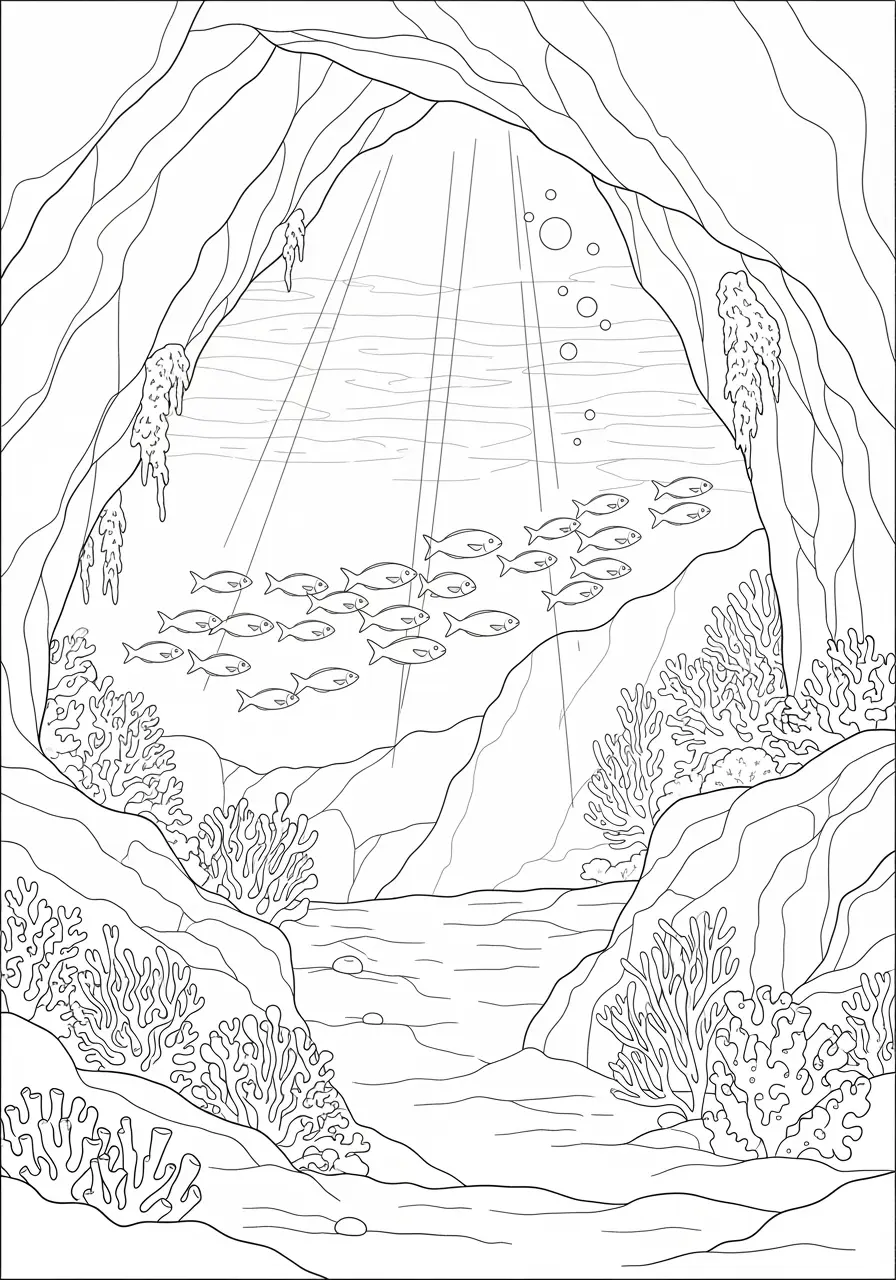 Underwater Cave Ocean Coloring Page