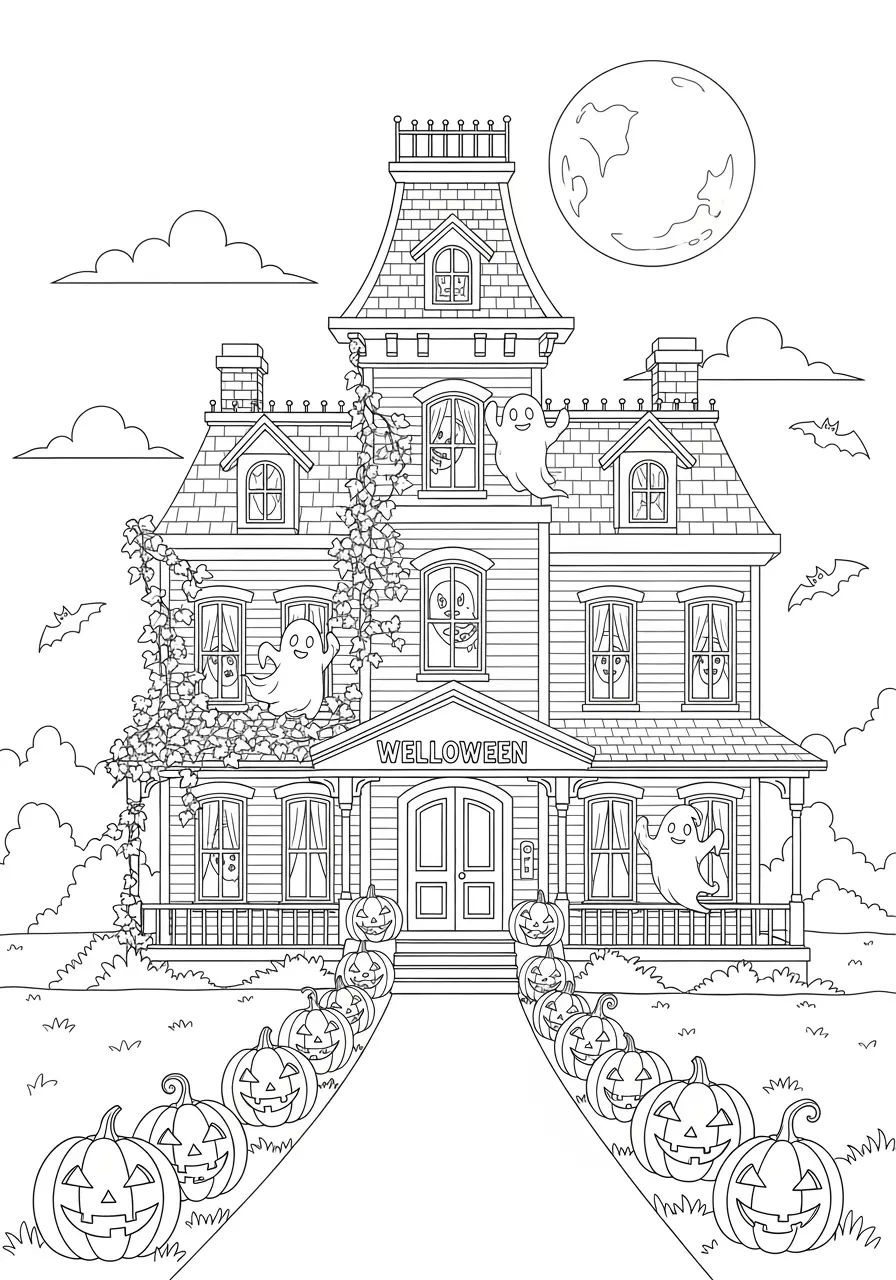 Verspieltes Geisterhaus-Halloween-Ausmalbild
