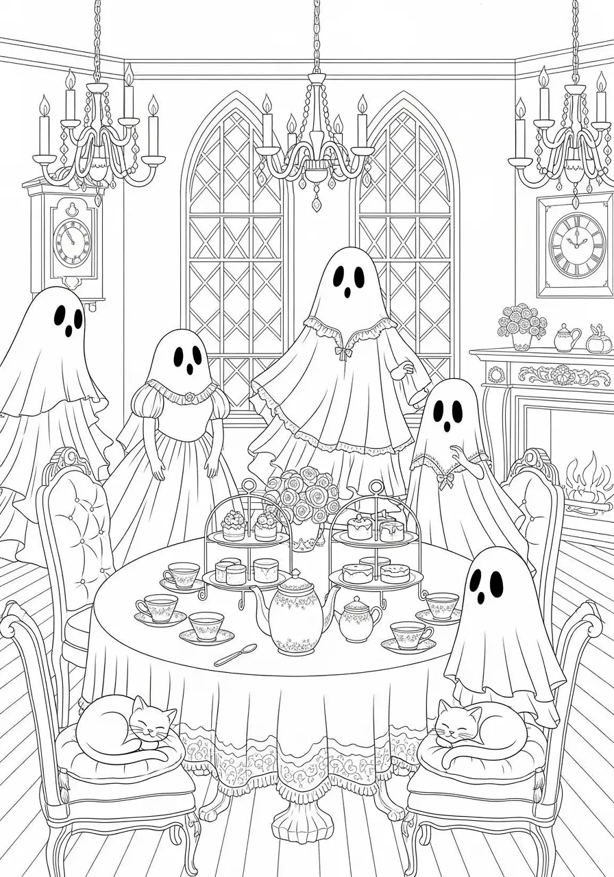 Victorian Ghost Tea Party Creepy Coloring Page