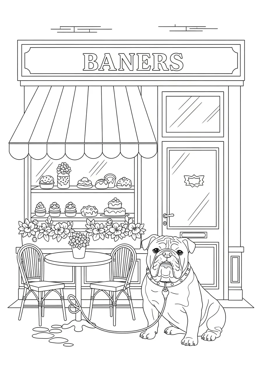 Vintage-Bäckerei-Hunde-Ausmalbild für Erwachsene