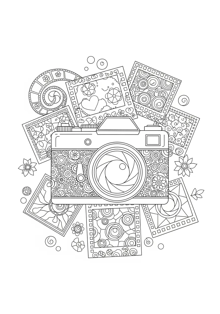 Vintage Camera Doodle Coloring Page