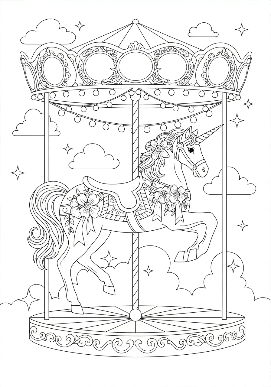 Vintage Carousel Unicorn Coloring Page