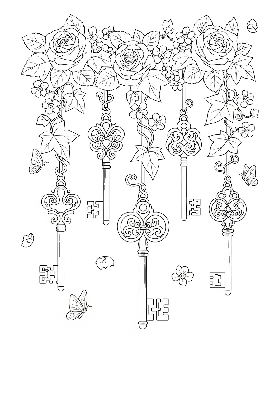 Vintage Key Garden Tattoo Coloring Page
