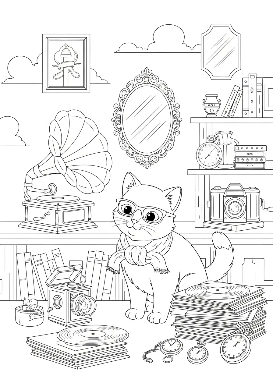 Vintage Shop Cat Coloring Page For Adults