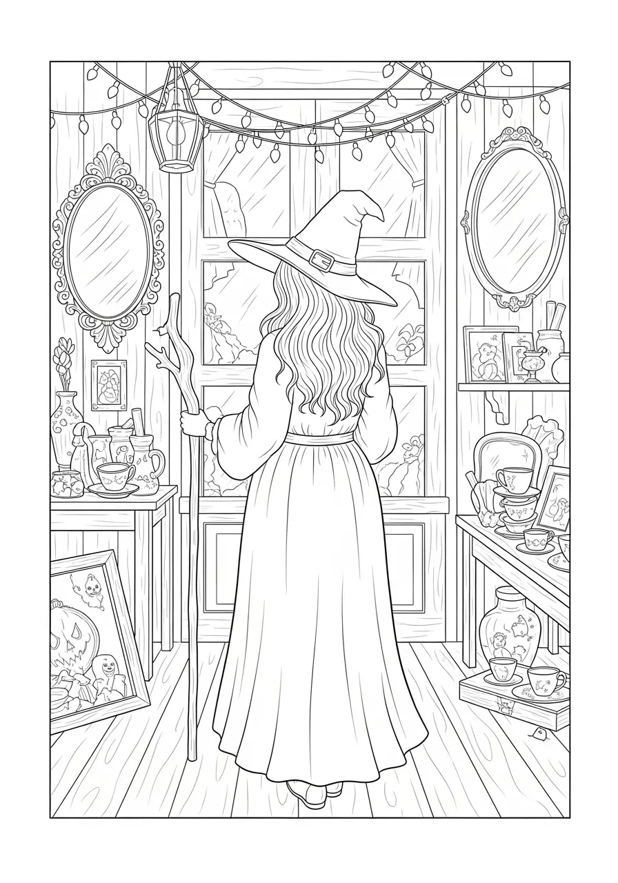Vintage Shop Witch Coloring Page