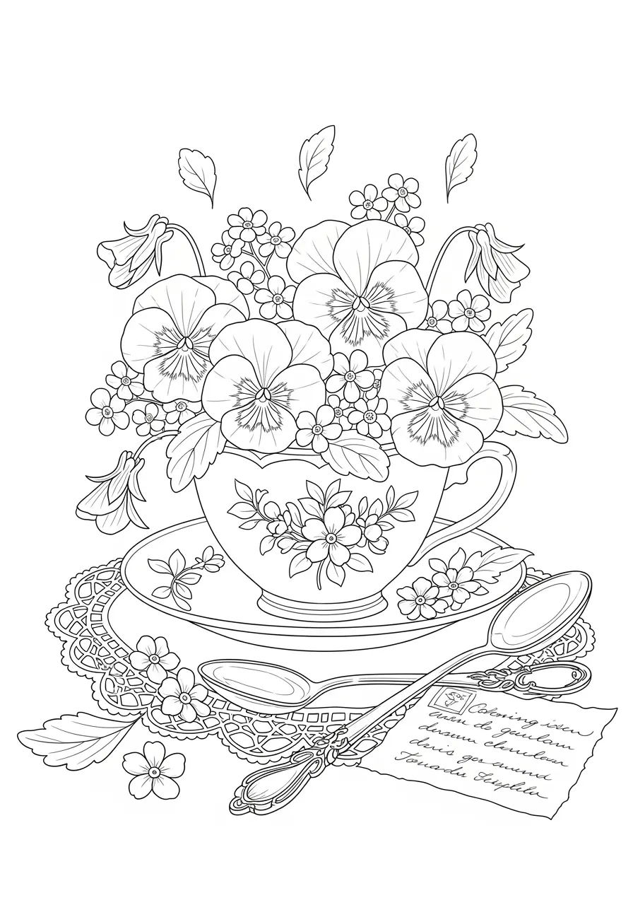 Vintage Teacup Flower Coloring Page