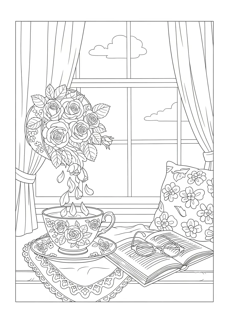 Vintage Teacup Rose Coloring Page