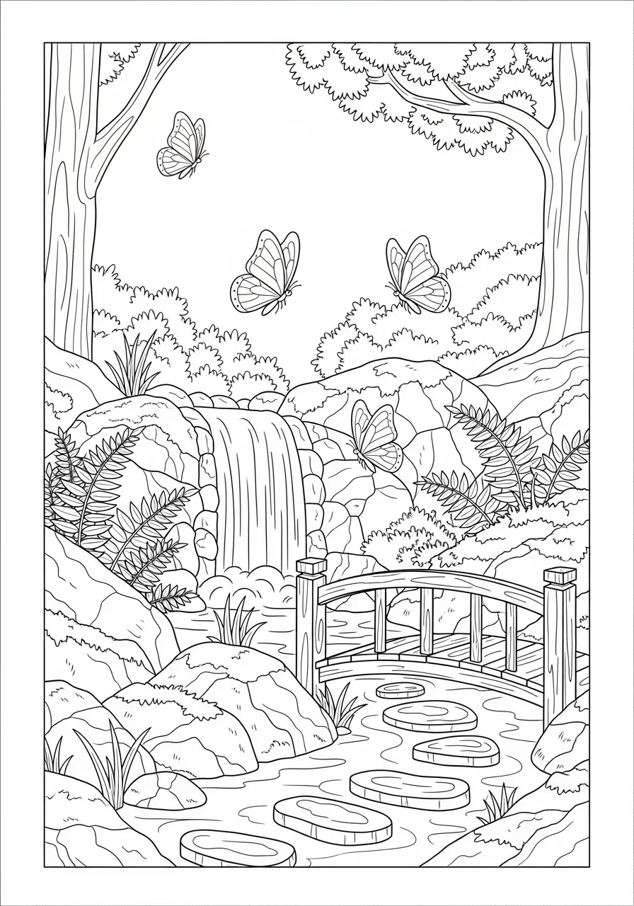 Waterfall Butterfly Grotto Coloring Page