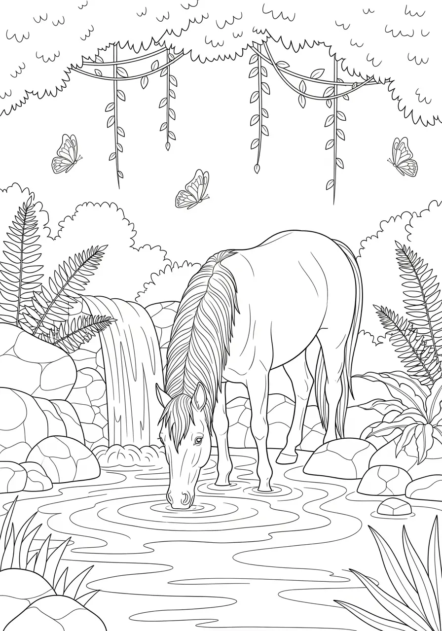 Waterfall Horse Coloring Page