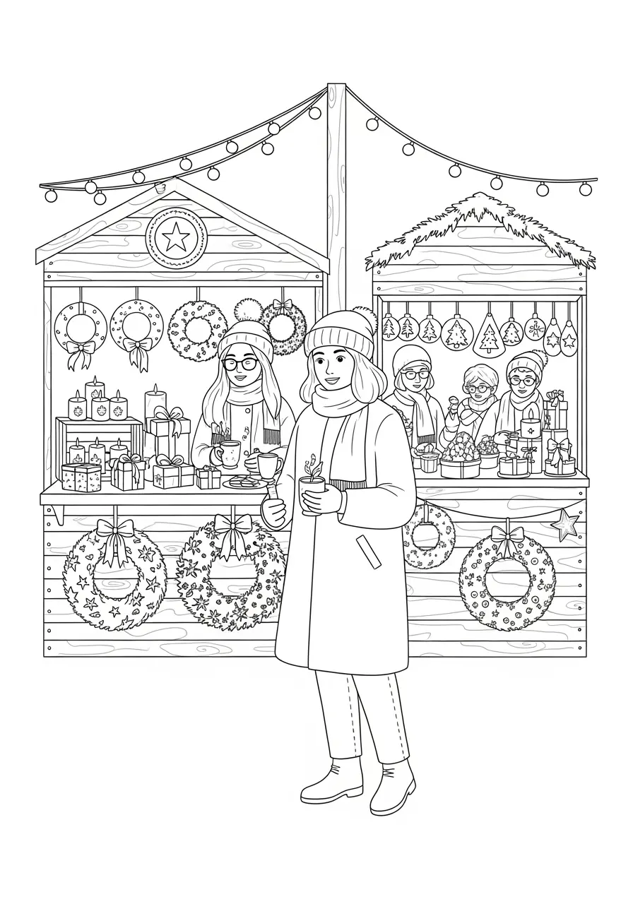 Weihnachtsmarkt-Ausmalbild für Erwachsene