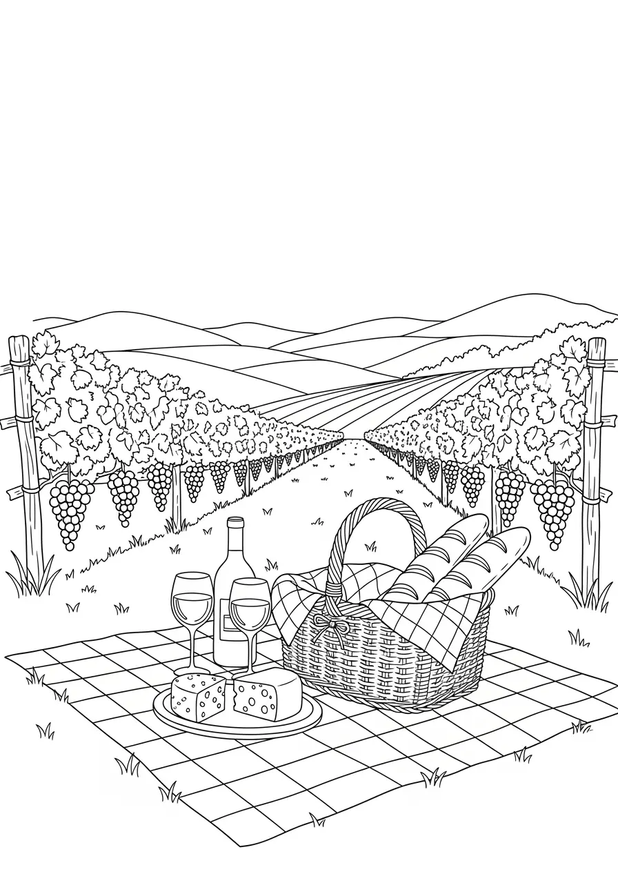 Weinberg-Picknick-Sommer-Ausmalbild