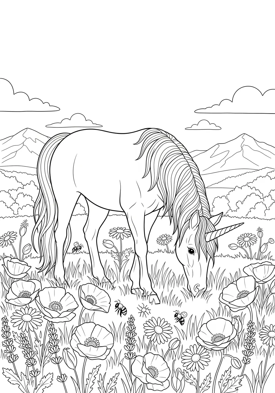 Wildflower Meadow Unicorn Coloring Page