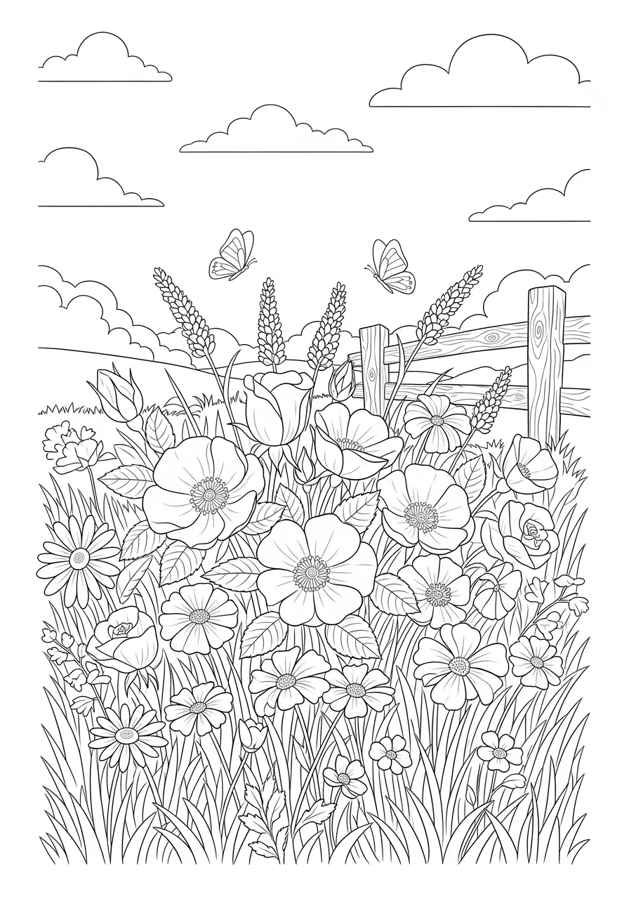 Wildflower Rose Meadow Coloring Page