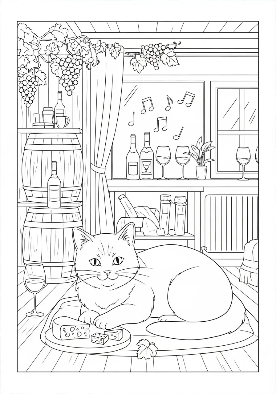 Wine Tasting Cat Coloring Page For Adults