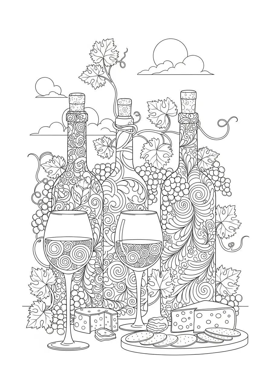 Wine Tasting Doodle Coloring Page