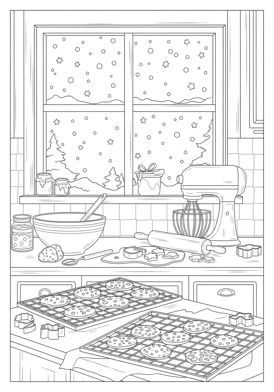 Winter Baking Scene Coloring Page