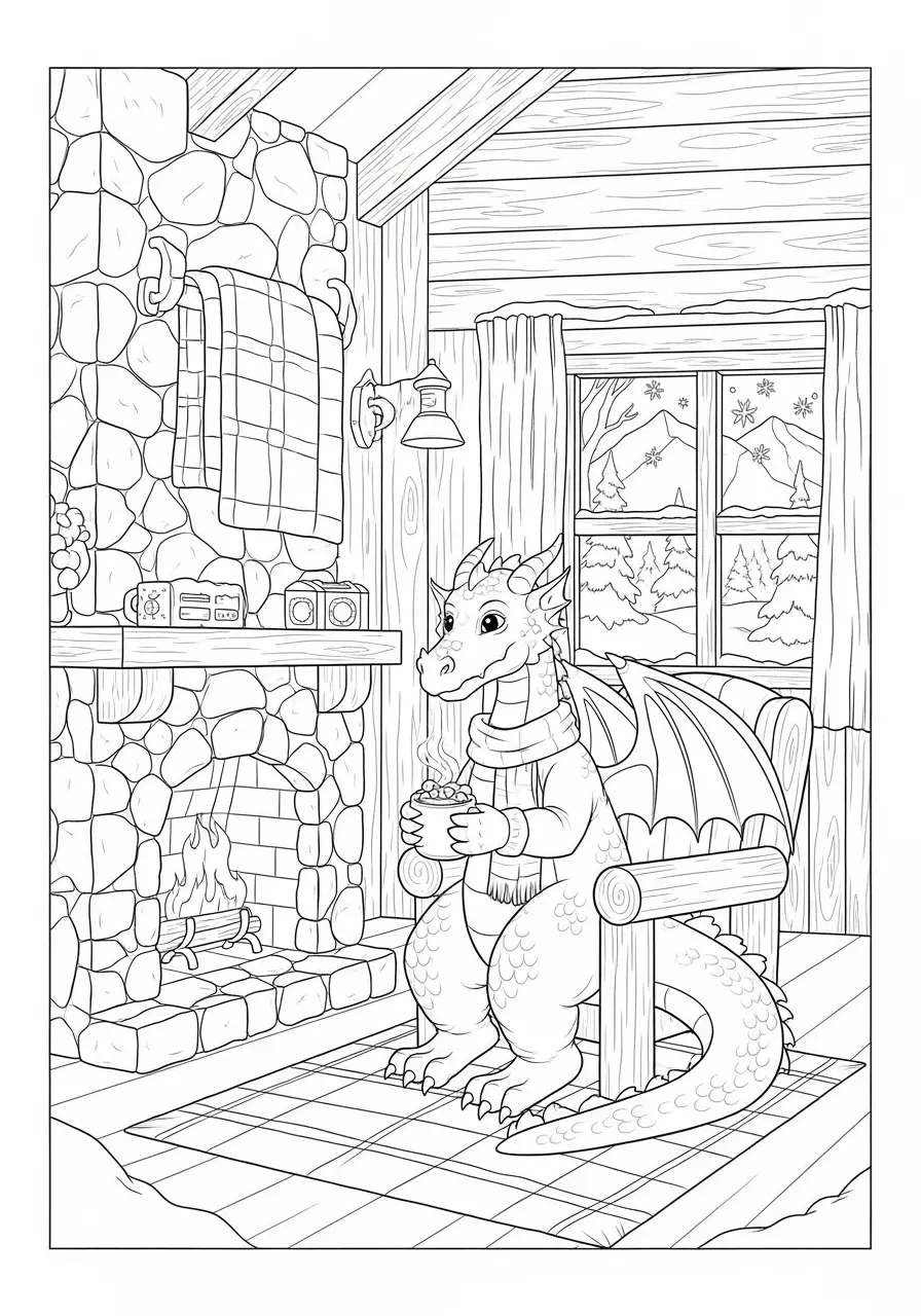 Winter Cabin Dragon Coloring Page