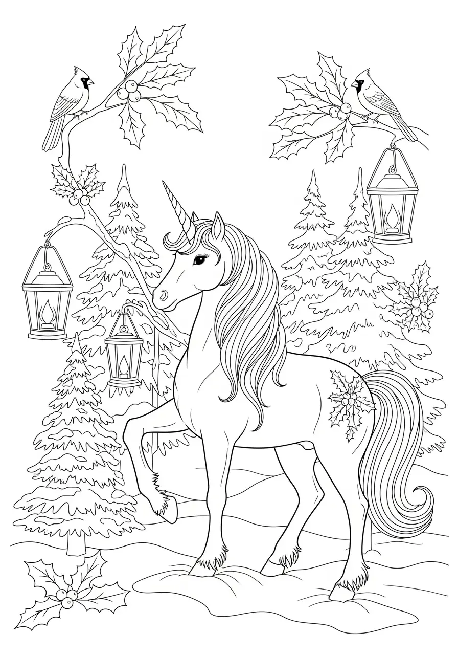 Winter Solstice Unicorn Coloring Page
