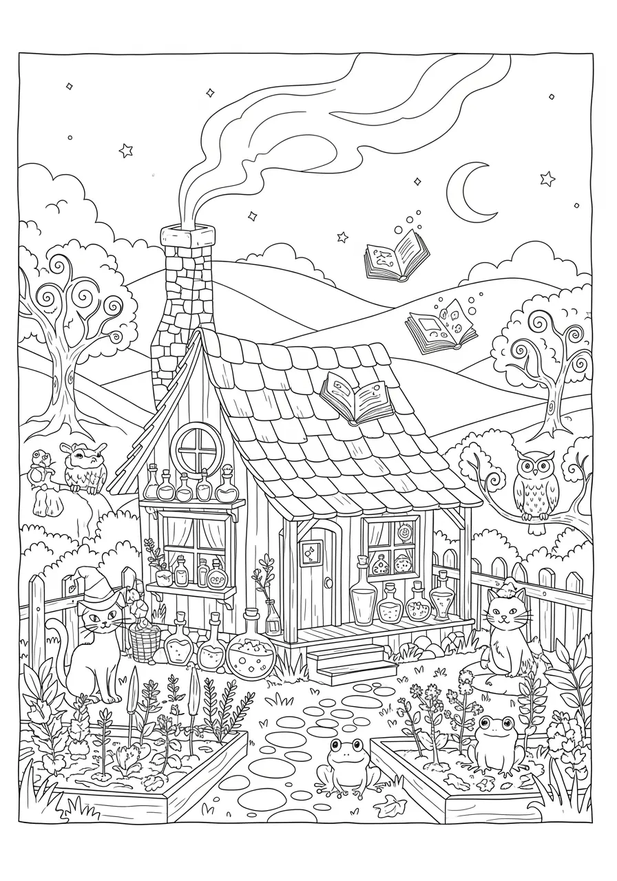 Witch's Cottage Dark Fantasy Coloring Page