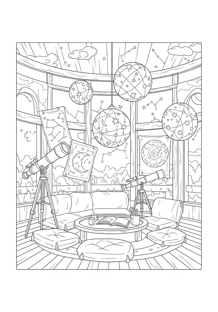Wizard's Astronomy Tower Dark Fantasy Coloring Page