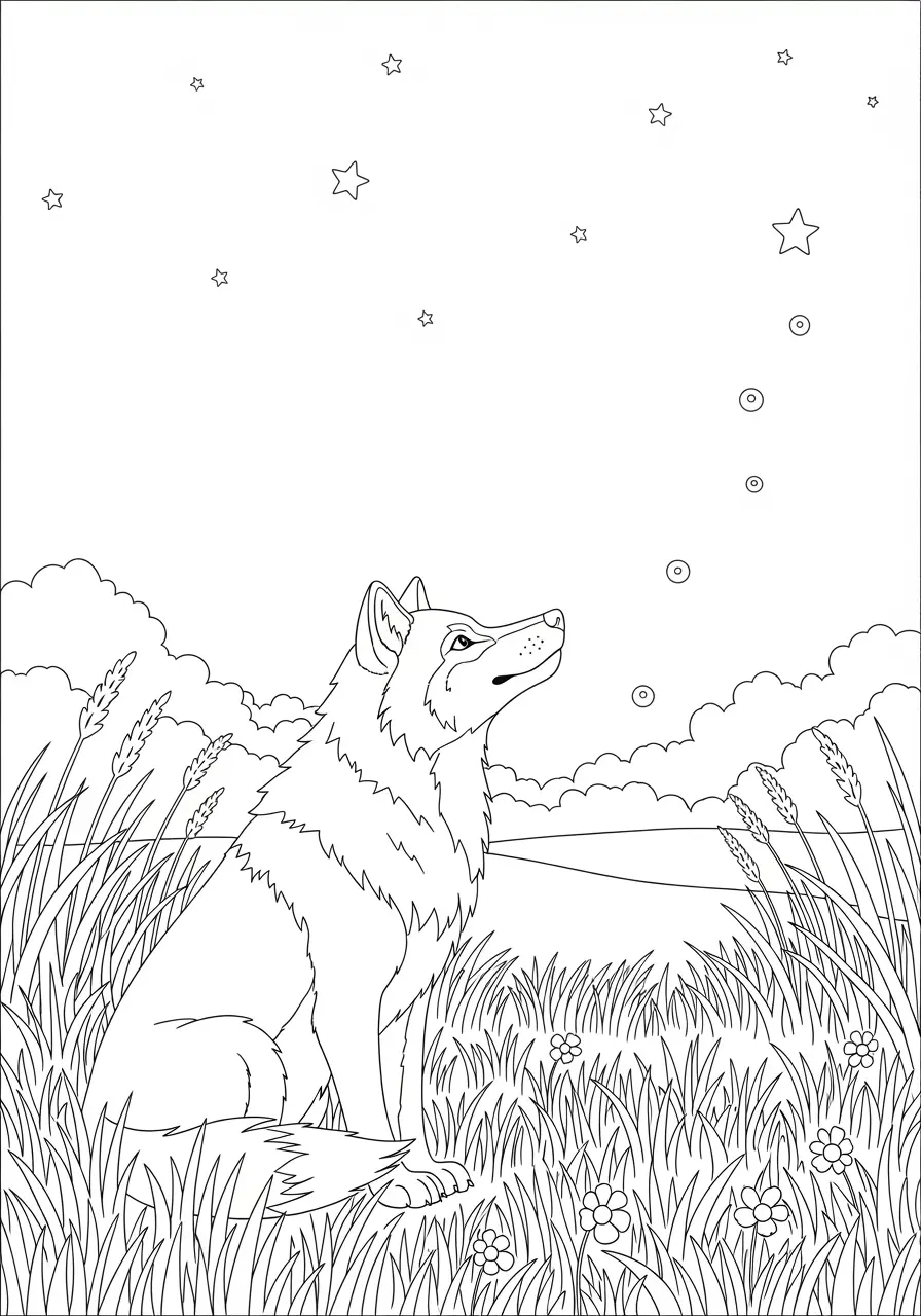 Wolf And Fireflies Coloring Page