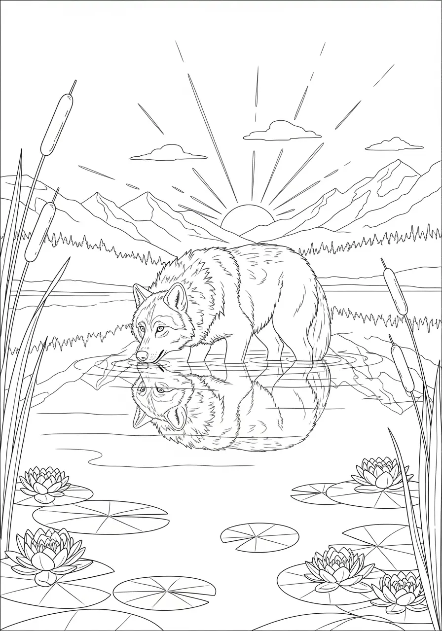 Wolf By Lake Coloring Page