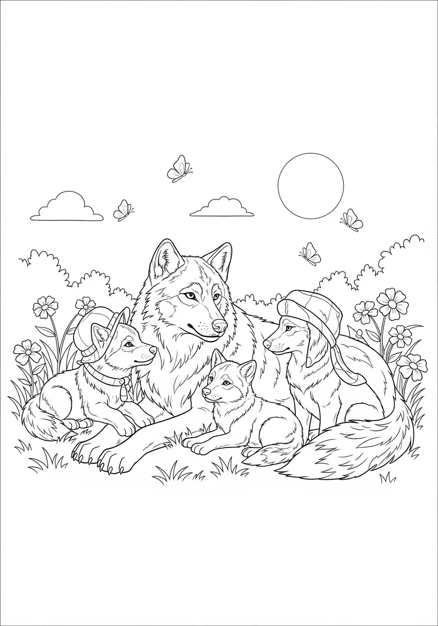 Wolf Family Resting Coloring Page