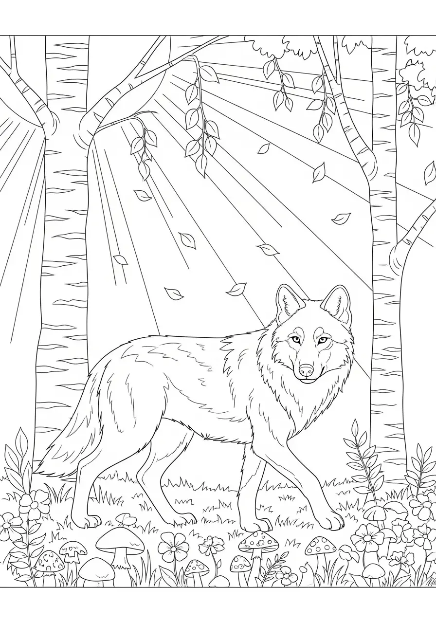 Wolf In Birch Forest Coloring Page