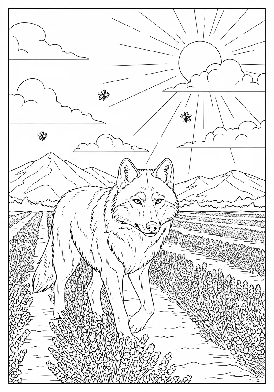 Wolf In Lavender Field Coloring Page