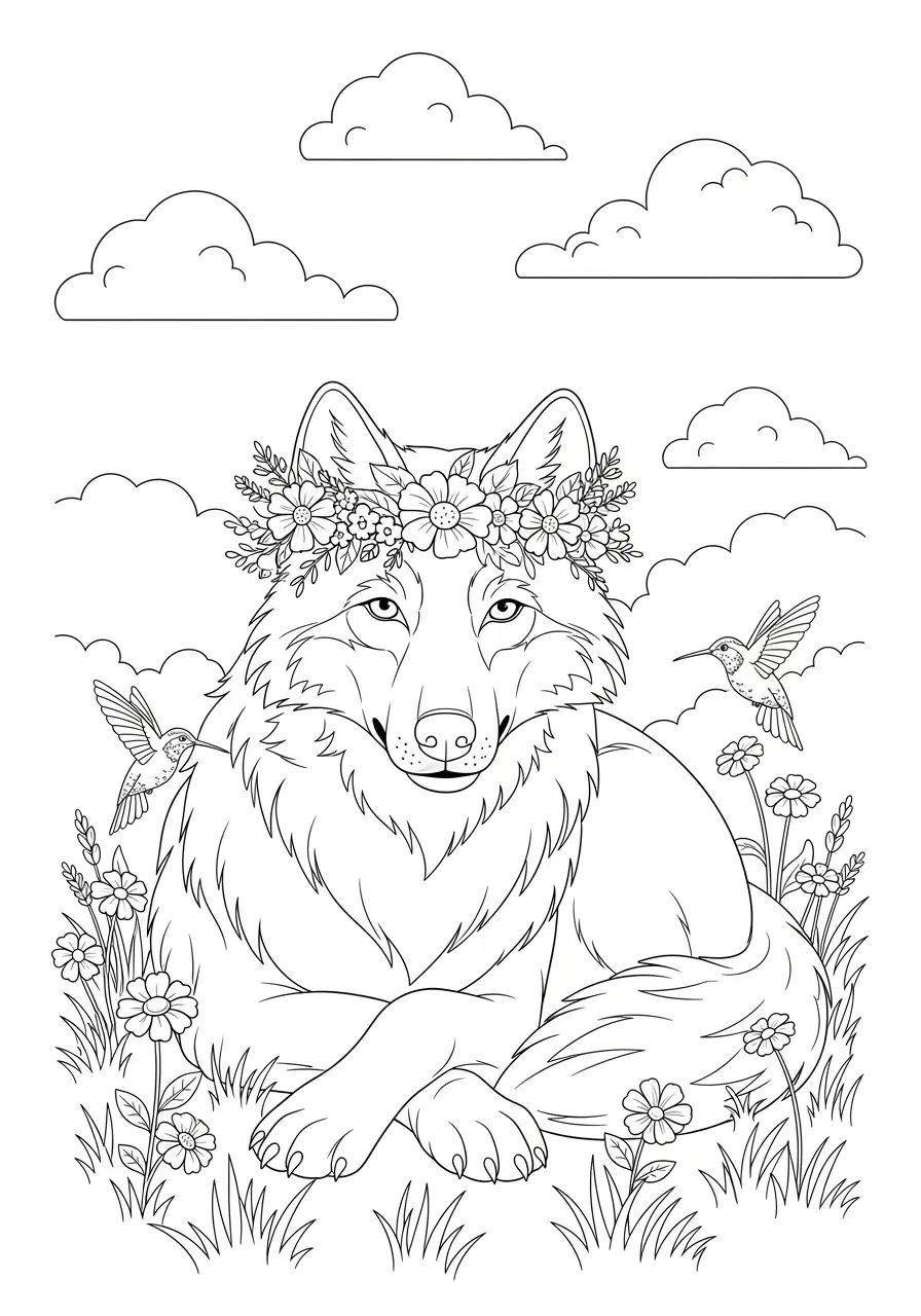 Wolf In Wildflower Crown Coloring Page