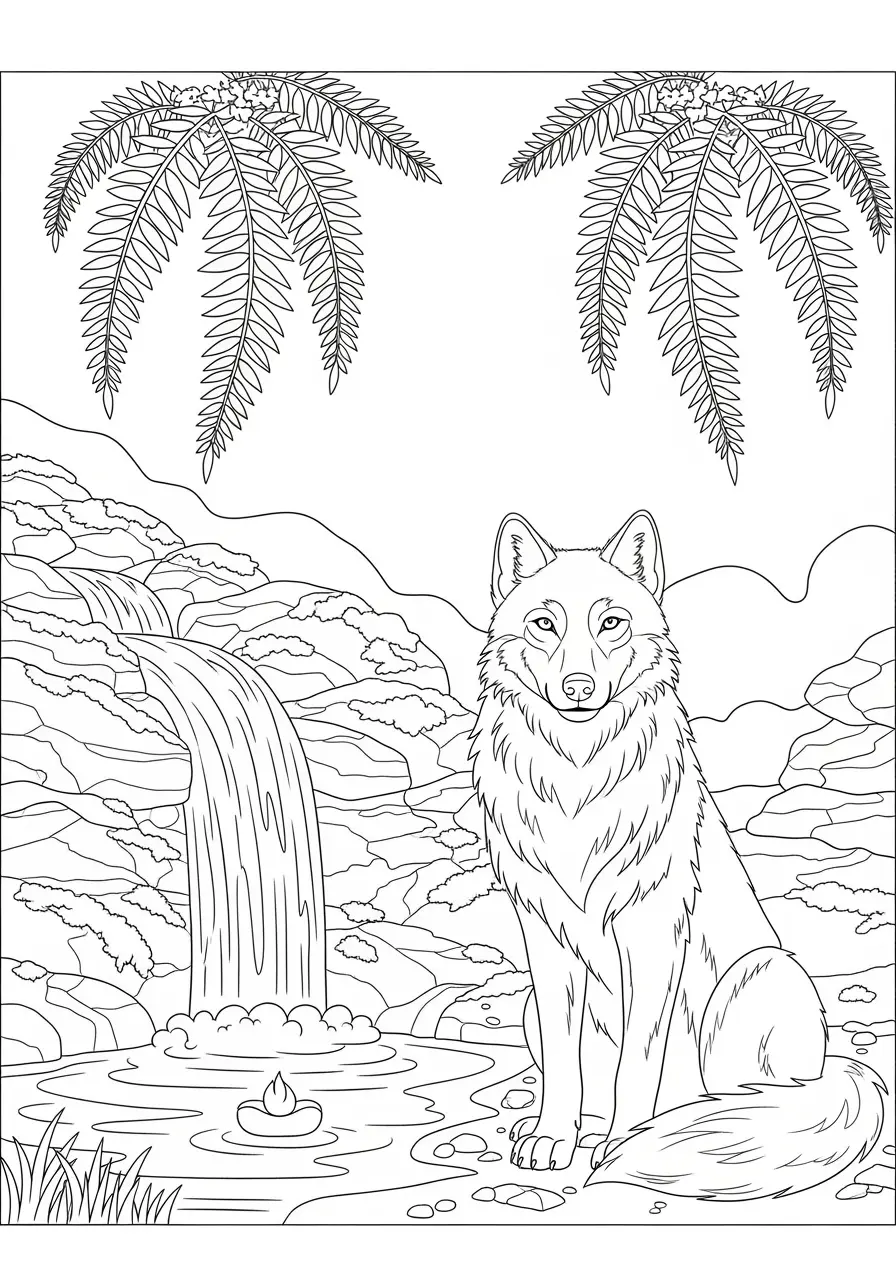 Wolf-und-Wasserfall-Ausmalbild