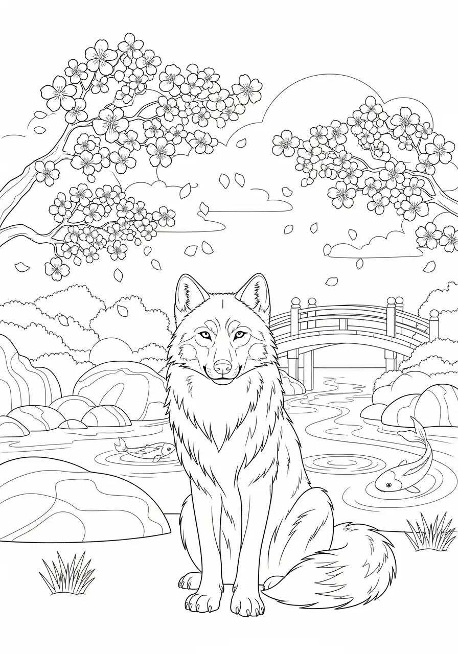 Wolf Under Cherry Blossoms Coloring Page