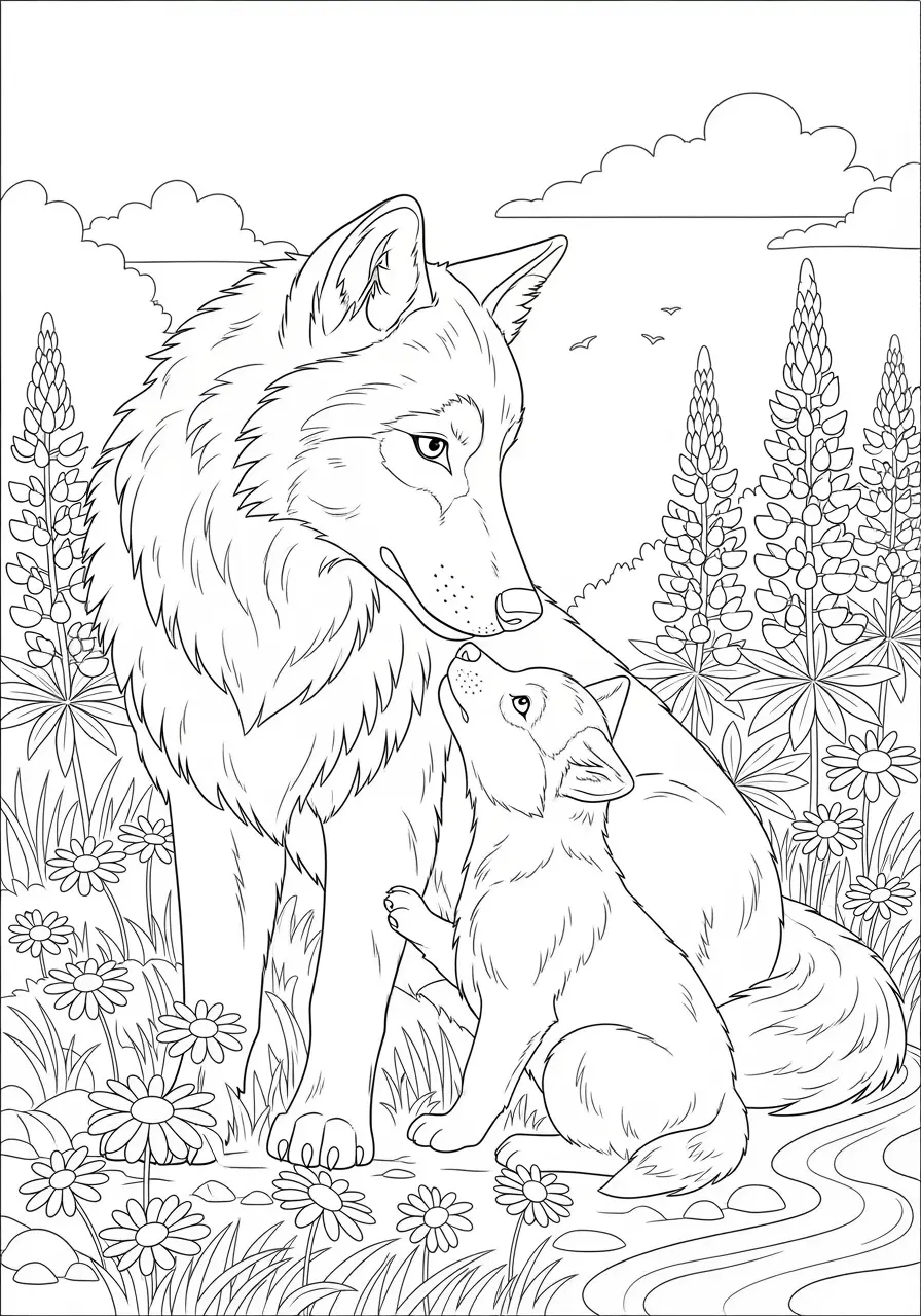 Wolfsmutter mit Welpen-Ausmalbild