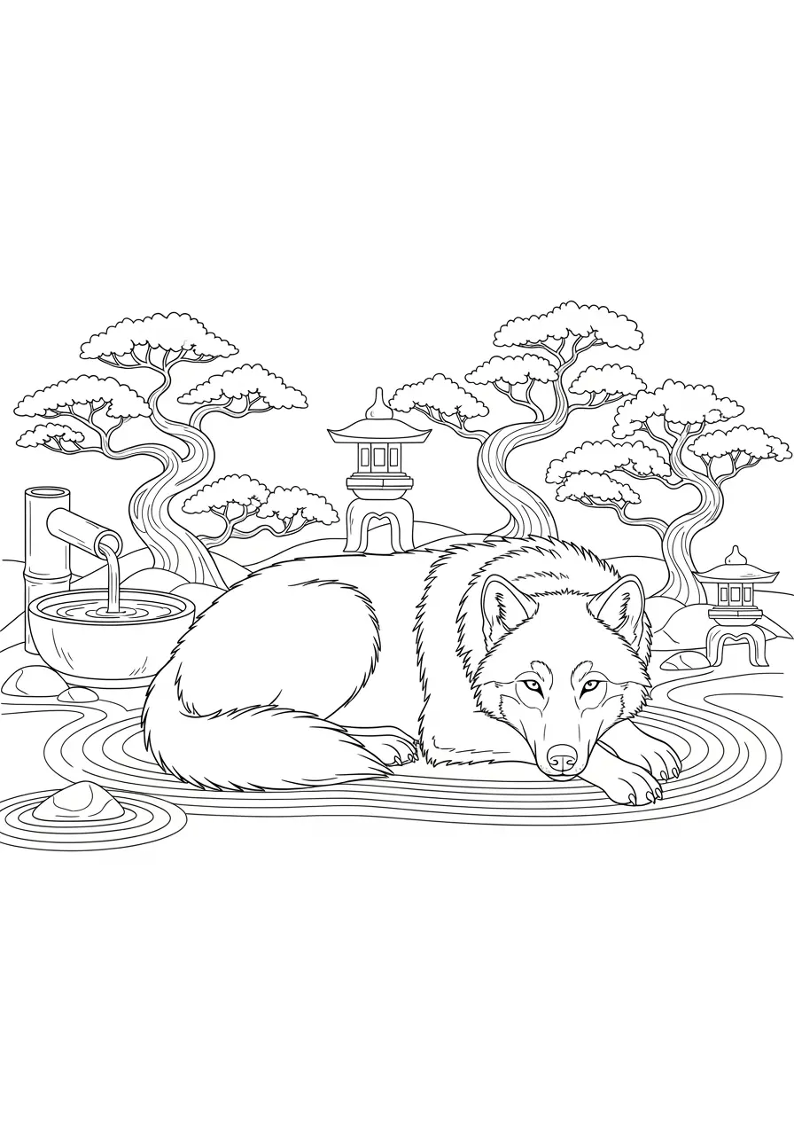 Zen Wolf Garden Coloring Page